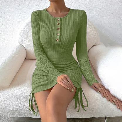 Elegant Bodycon Dress Long Sleeve Lace Cuff & Drawstring Hem Holiday Dress