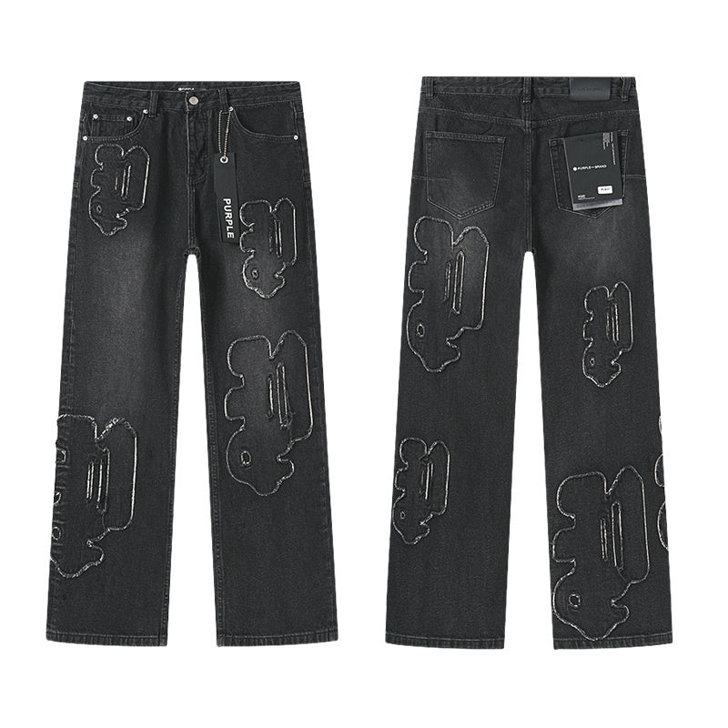 Washed Black Embroidered Straight-Leg Jeans