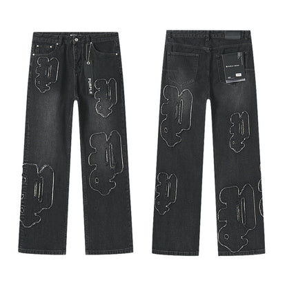 Washed Black Embroidered Straight-Leg Jeans