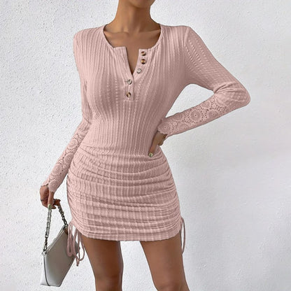Elegant Bodycon Dress Long Sleeve Lace Cuff & Drawstring Hem Holiday Dress
