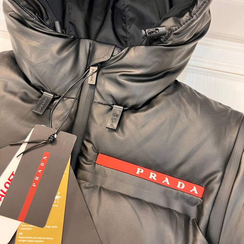 Prada Kids Black Puffer Jacket with Red Logo Strip